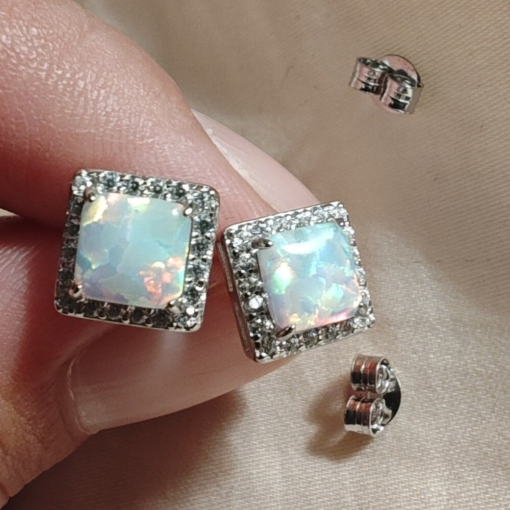 Gorgeous! Stud Earrings White Opal 6mm Square Halo New